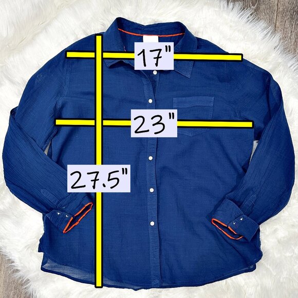 Stylus Semi Sheer Button Down Shirt Size XL Blue Orange Trim Cotton Long Sleeve - Picture 12 of 12